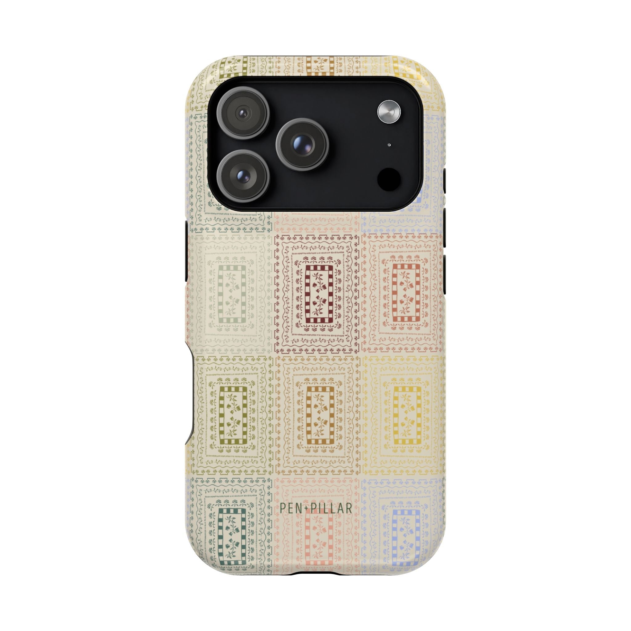 Curio iPhone case featuring a patterned design in pastel colors with a glossy finish and cutouts for camera and buttons.
