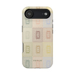 Curio iPhone case featuring a colorful geometric pattern with a textured finish and a camera cutout.