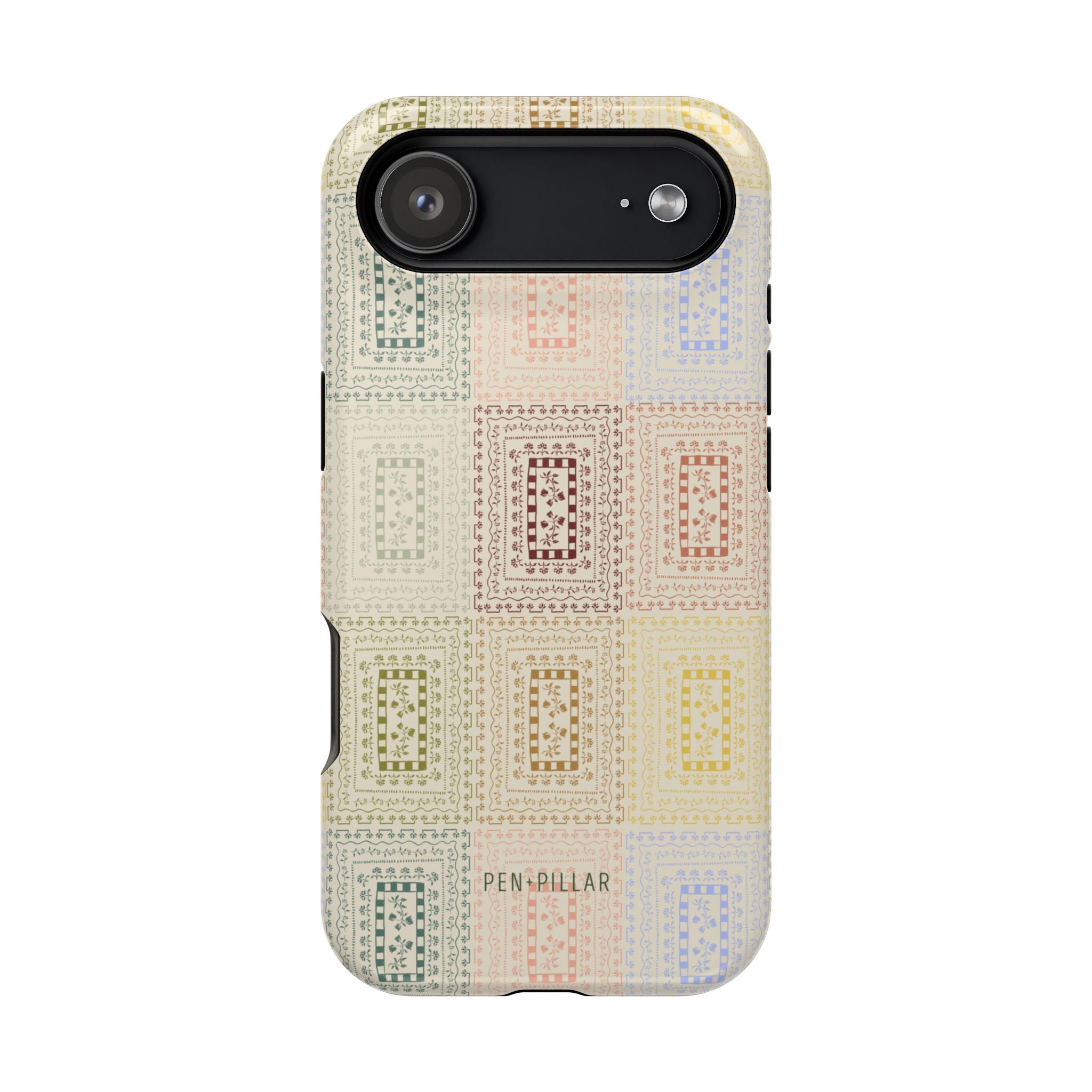Curio iPhone case featuring a colorful geometric pattern with a textured finish and a camera cutout.
