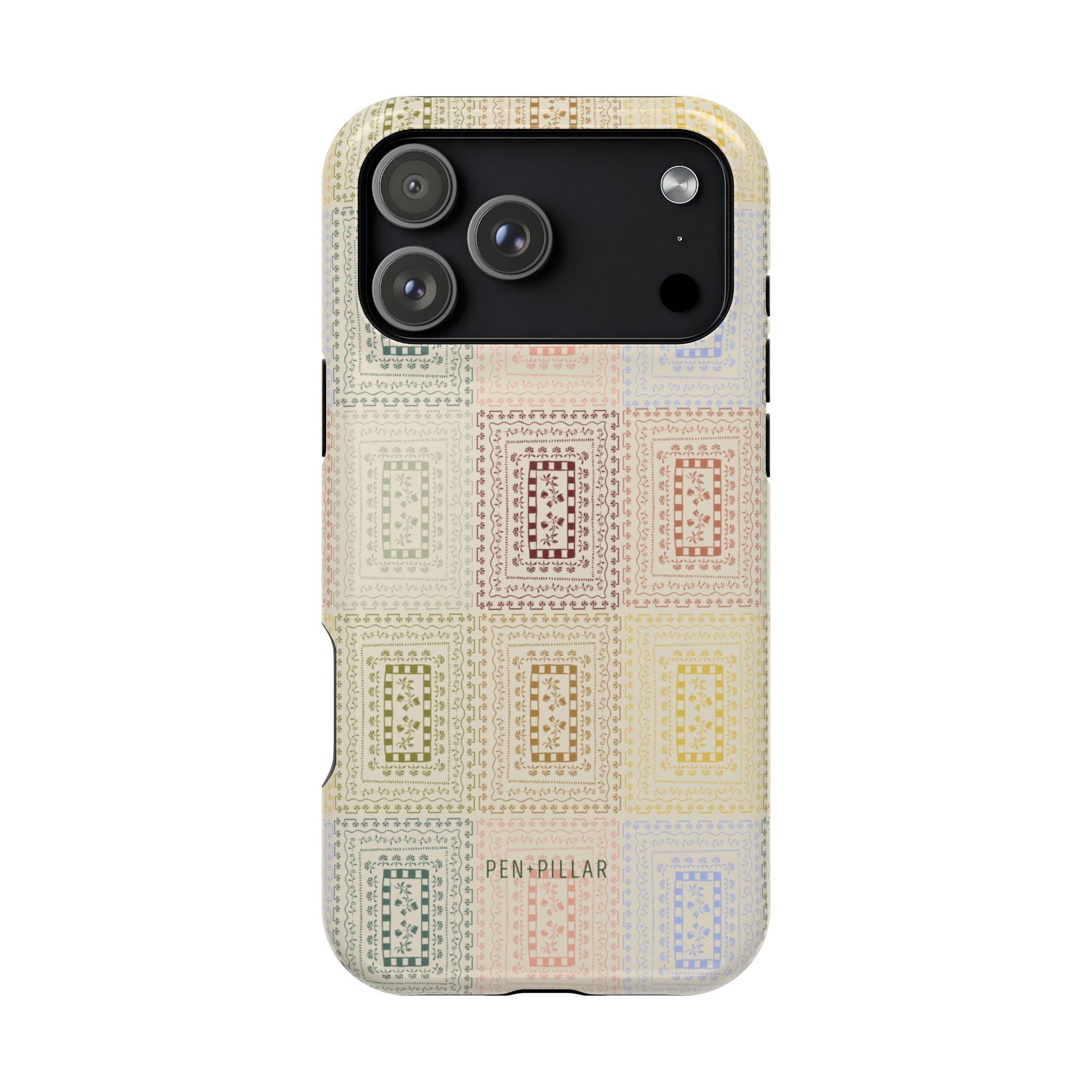 Curio iPhone case featuring a patterned design in pastel colors with a black camera cutout.