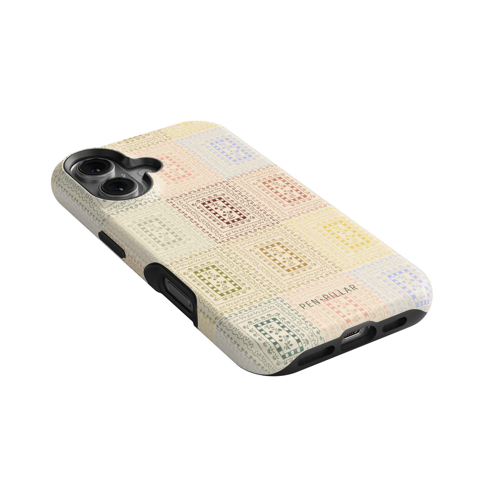 Curio iPhone case featuring a textured design with pastel squares in yellow, green, and blue on a white background.
