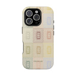 Curio iPhone case featuring a patterned design in pastel colors with a textured finish and cutouts for camera lenses.