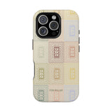 Curio iPhone case featuring a patterned design in pastel colors with a textured finish and cutouts for camera lenses.