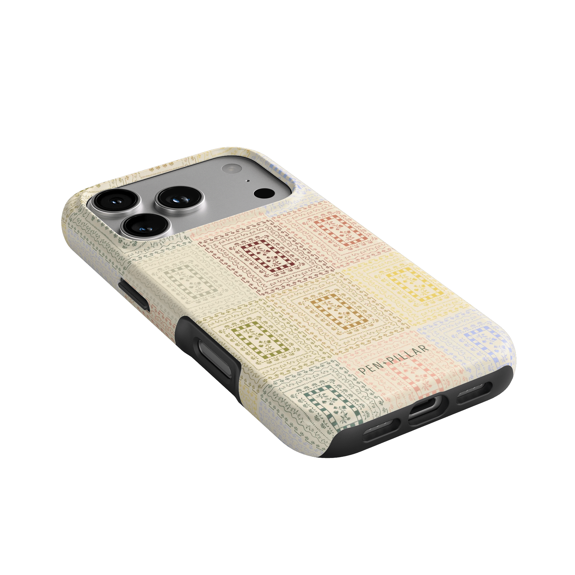 Curio iPhone case featuring a textured design in pastel colors with a black edge, angled to show camera cutout.