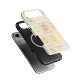 Curio iPhone case featuring a textured design in pastel colors, layered over a black phone case.