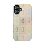Curio iPhone case featuring a patterned design in pastel colors with a textured finish and cutouts for camera and buttons.