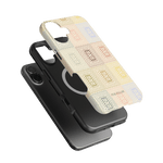 Curio iPhone case featuring a textured design in pastel colors, layered over a black phone for contrast.