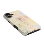 Curio iPhone case featuring a textured design with colorful squares on a light background.