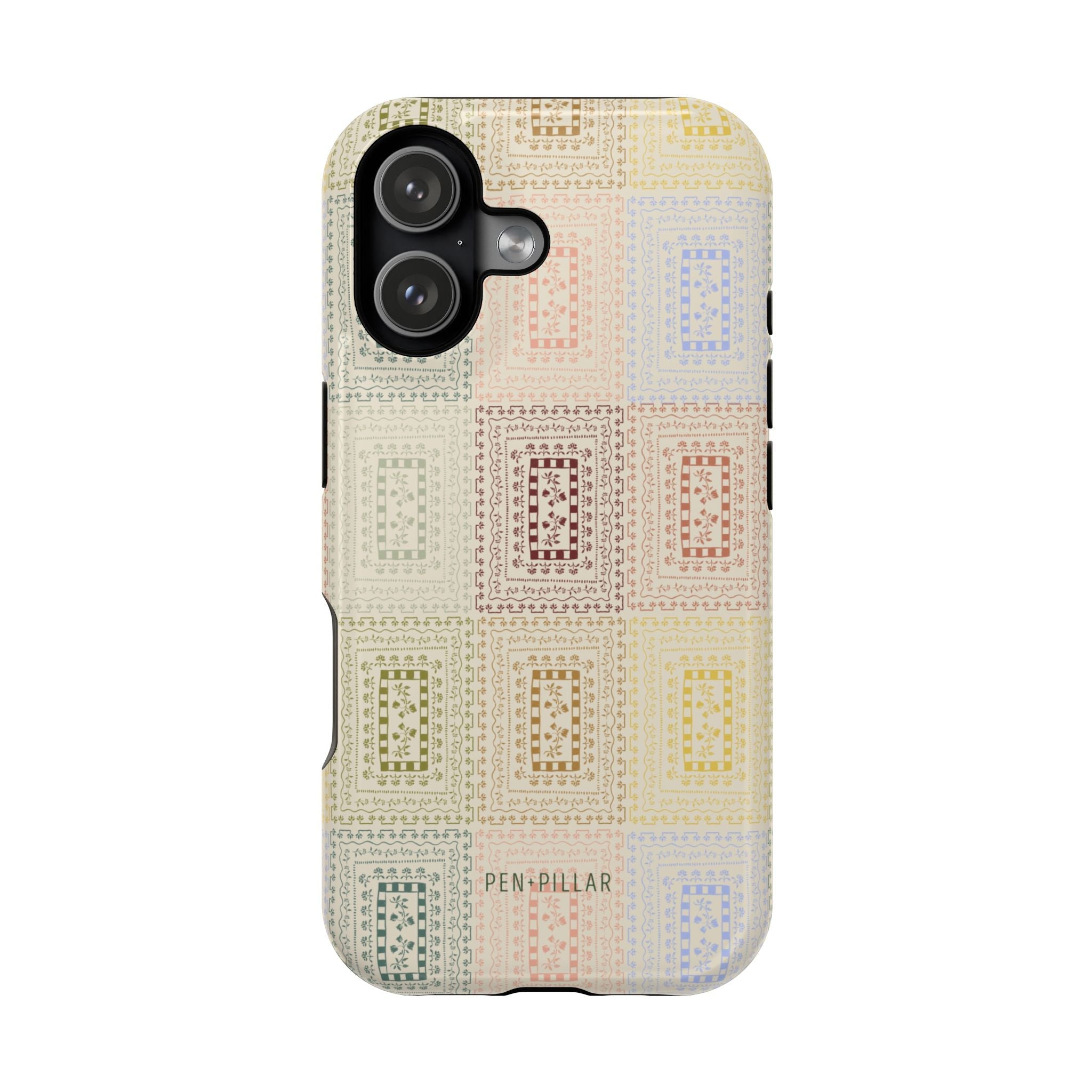 Curio iPhone case featuring a patterned design in pastel colors with a textured finish and cutouts for camera and buttons.