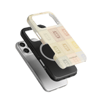 Curio iPhone case featuring a textured design in pastel colors, layered over a black and silver phone case.