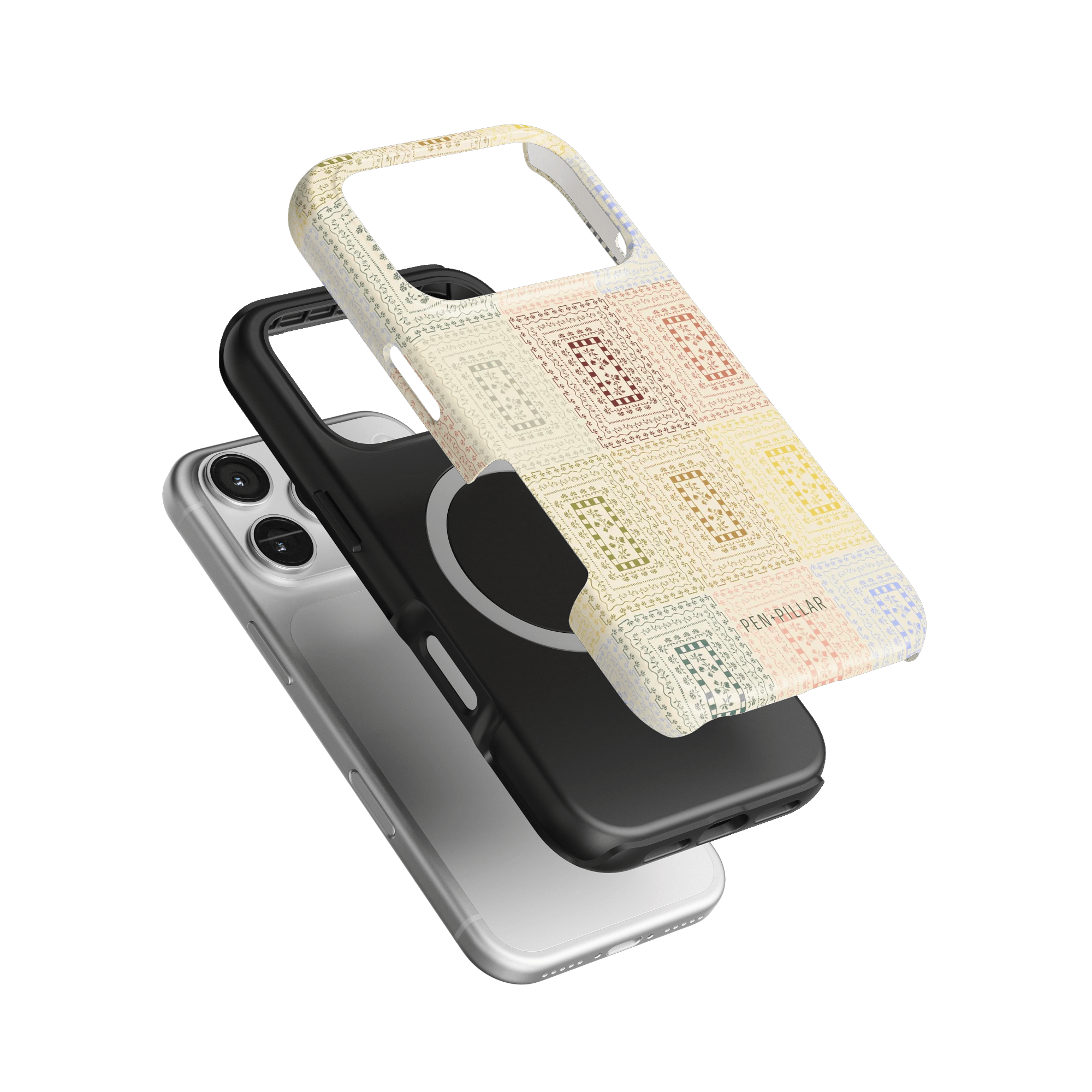 Curio iPhone case featuring a textured design in pastel colors, layered over a black and silver phone case.