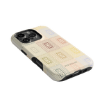 Curio iPhone case featuring a textured pattern in pastel colors on a black frame, designed for iPhone models.