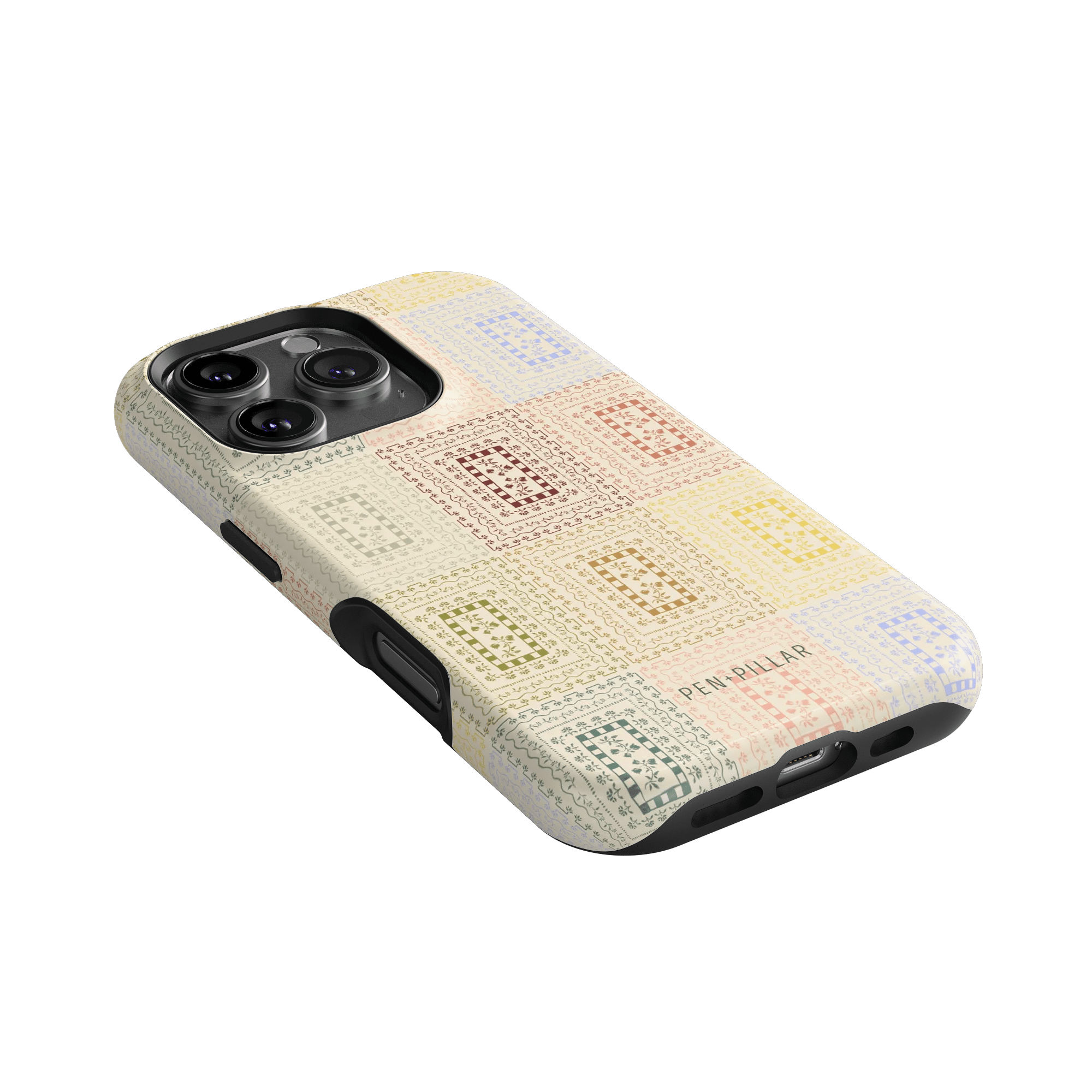 Curio iPhone case featuring a textured pattern in pastel colors on a black frame, designed for iPhone models.