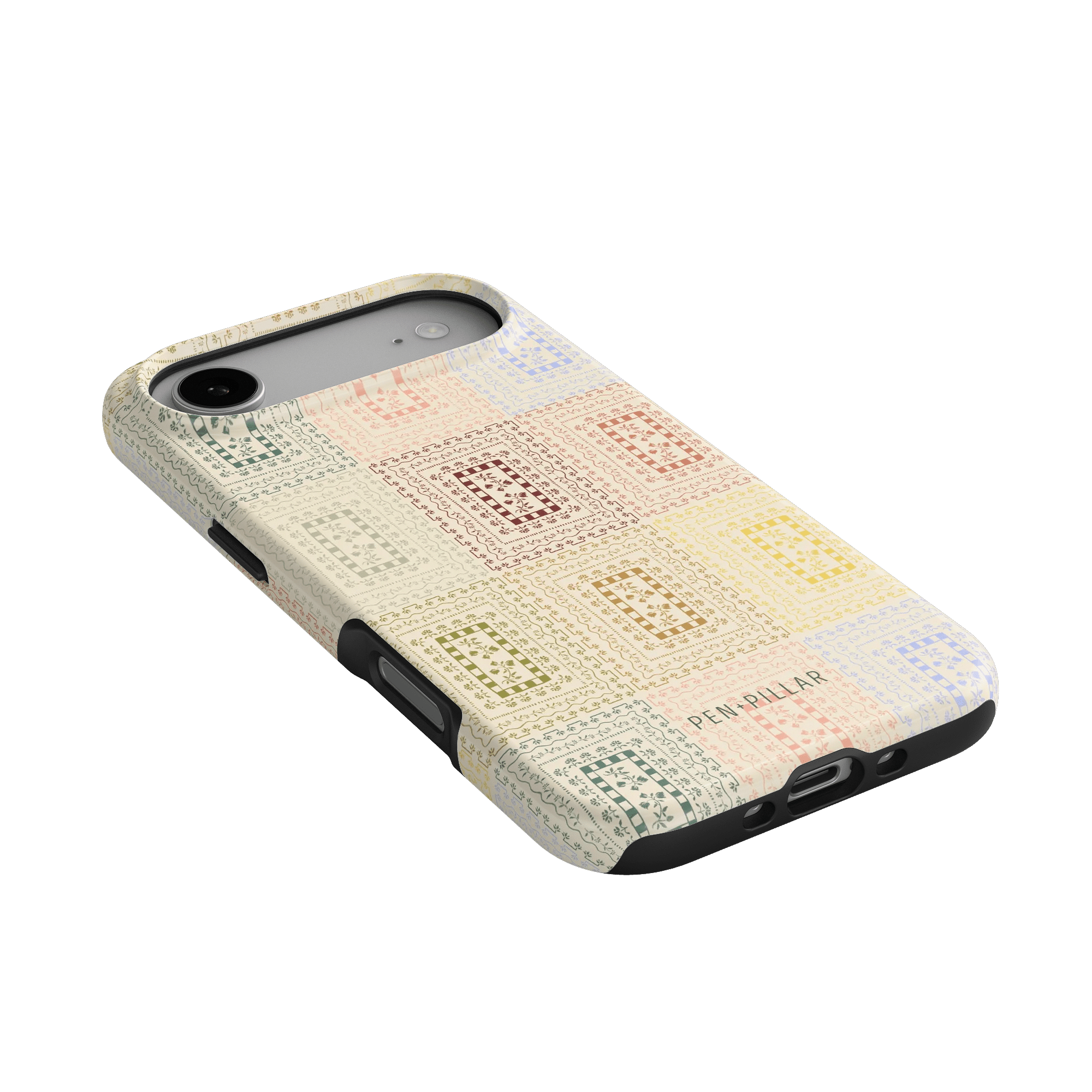 Curio iPhone case featuring a textured pattern in pastel colors on a light background with a black edge.