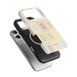 Curio iPhone case featuring a textured design in pastel colors, layered over a black and silver phone case.