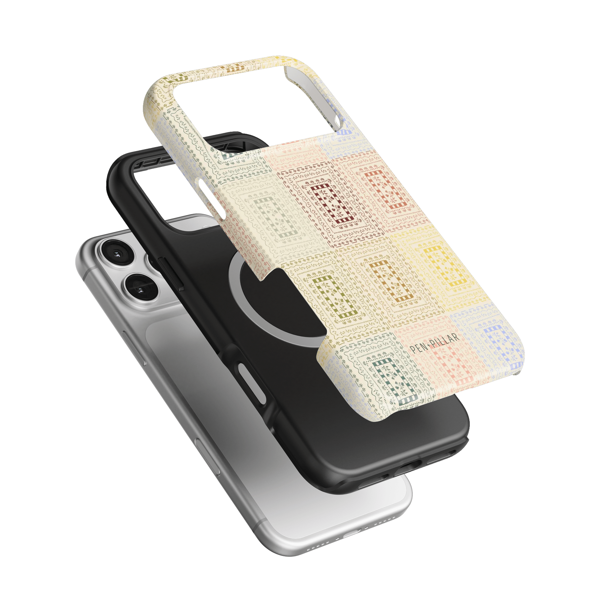 Curio iPhone case featuring a textured design in pastel colors, layered over a black and silver phone case.
