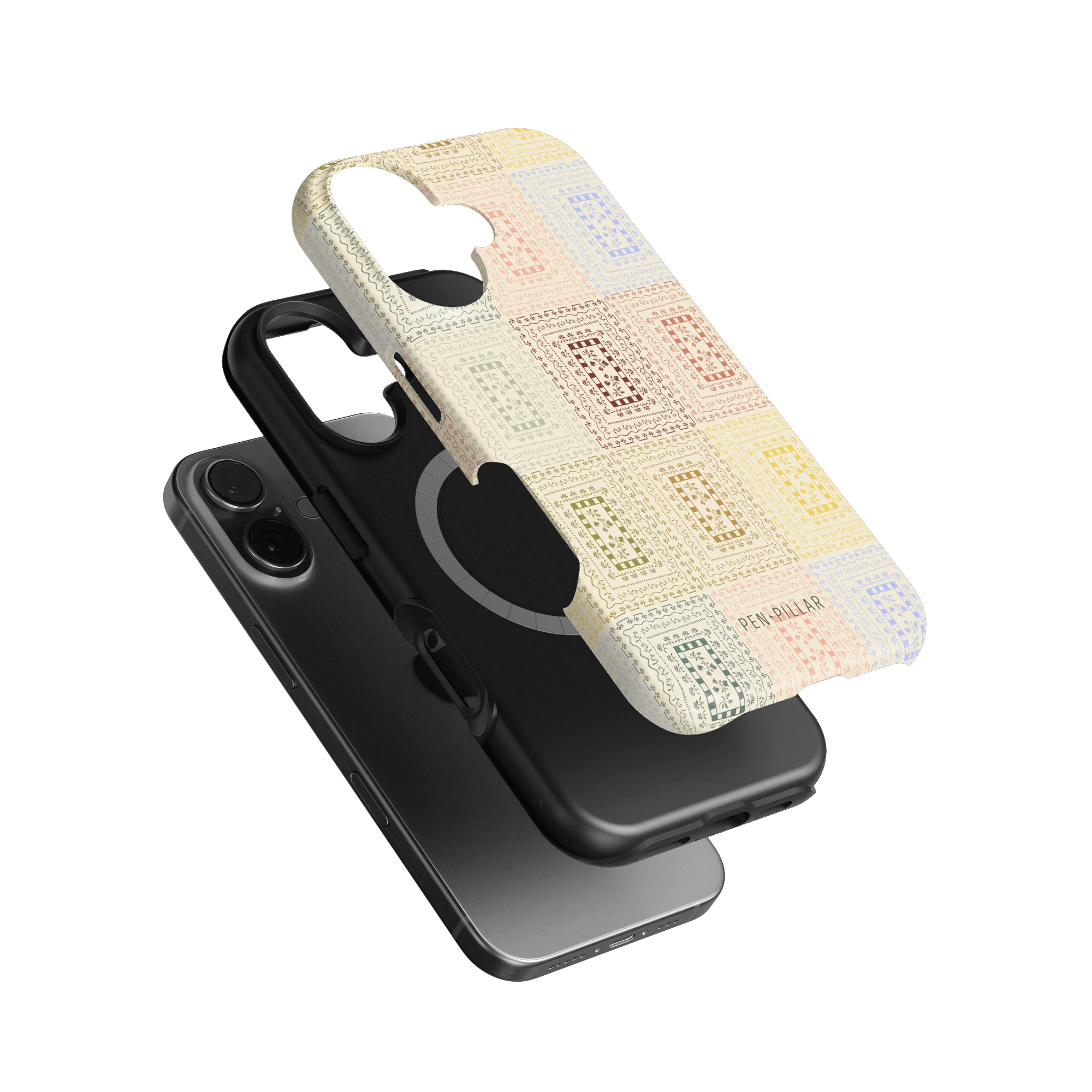 Curio iPhone case featuring a textured design in pastel colors, layered over a black phone.