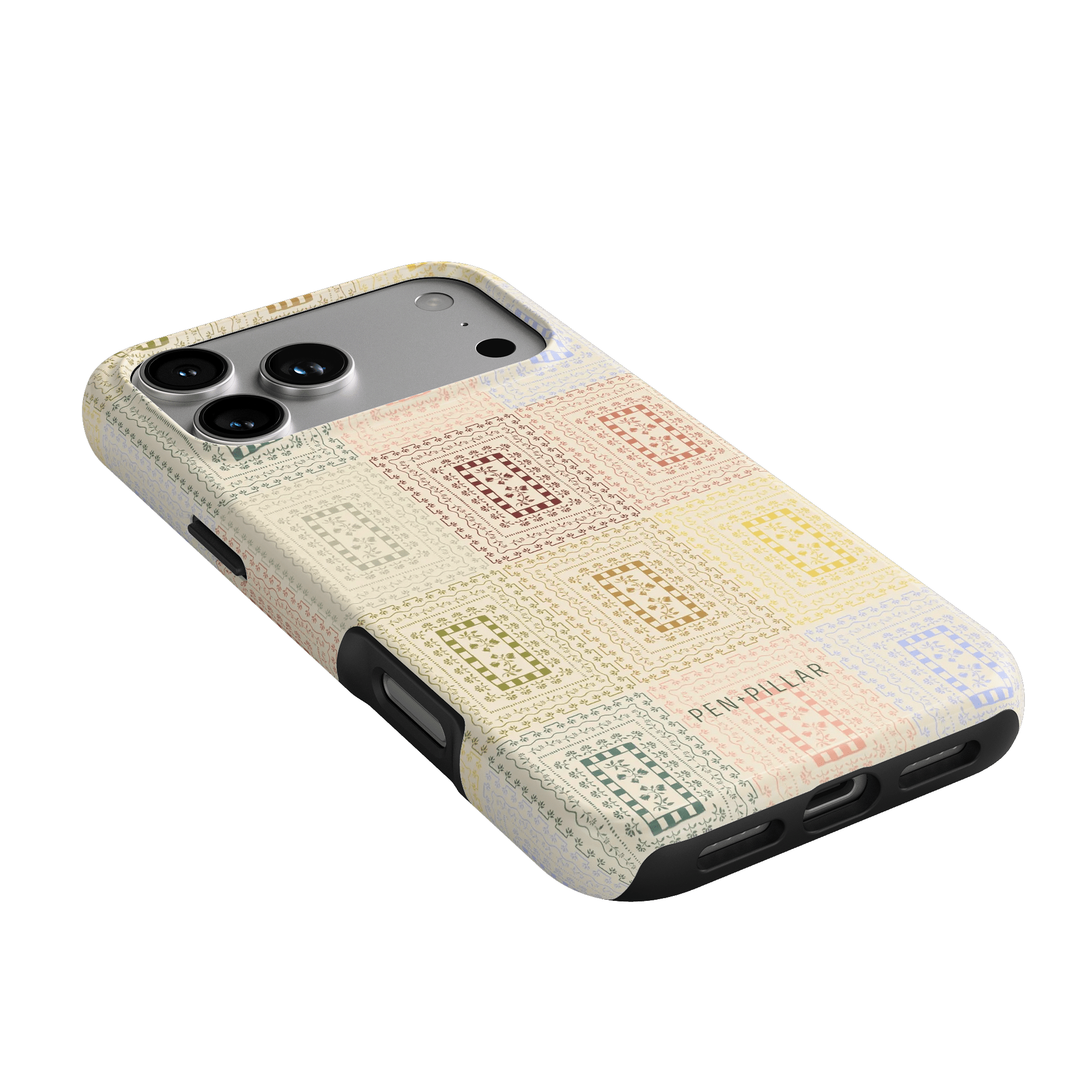 Curio iPhone case featuring a textured pattern in pastel colors with a black bumper and precise cutouts for buttons.