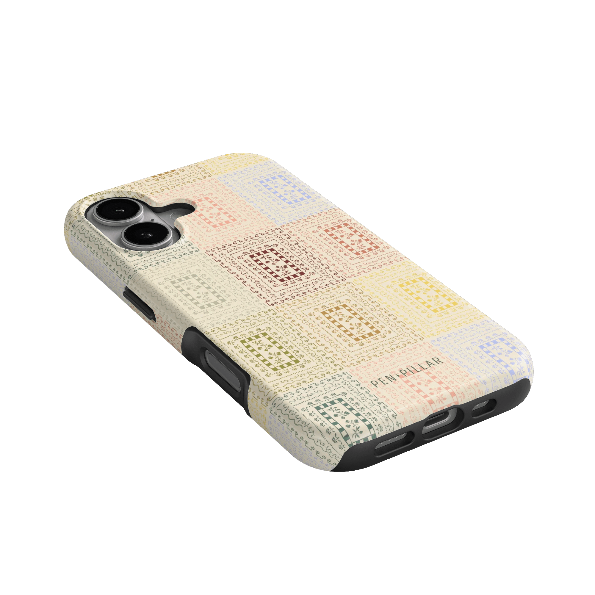Curio iPhone case featuring a textured design with colorful squares on a cream background, angled view.