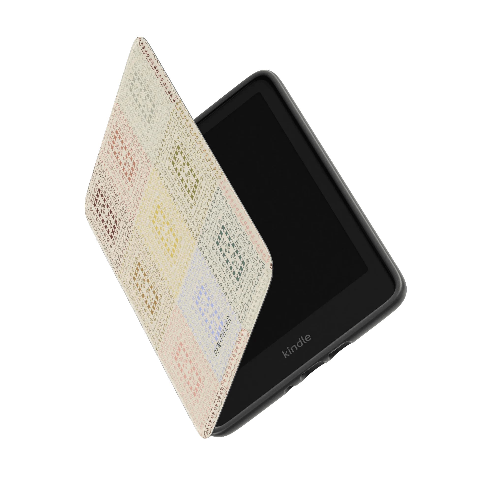 Curio Kindle case with a patterned cover, partially open, showcasing the Kindle device inside.