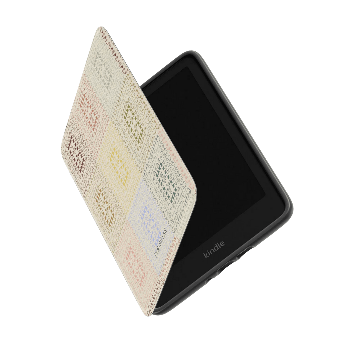 Curio Kindle case with a patterned cover, partially open, showcasing the Kindle device inside.