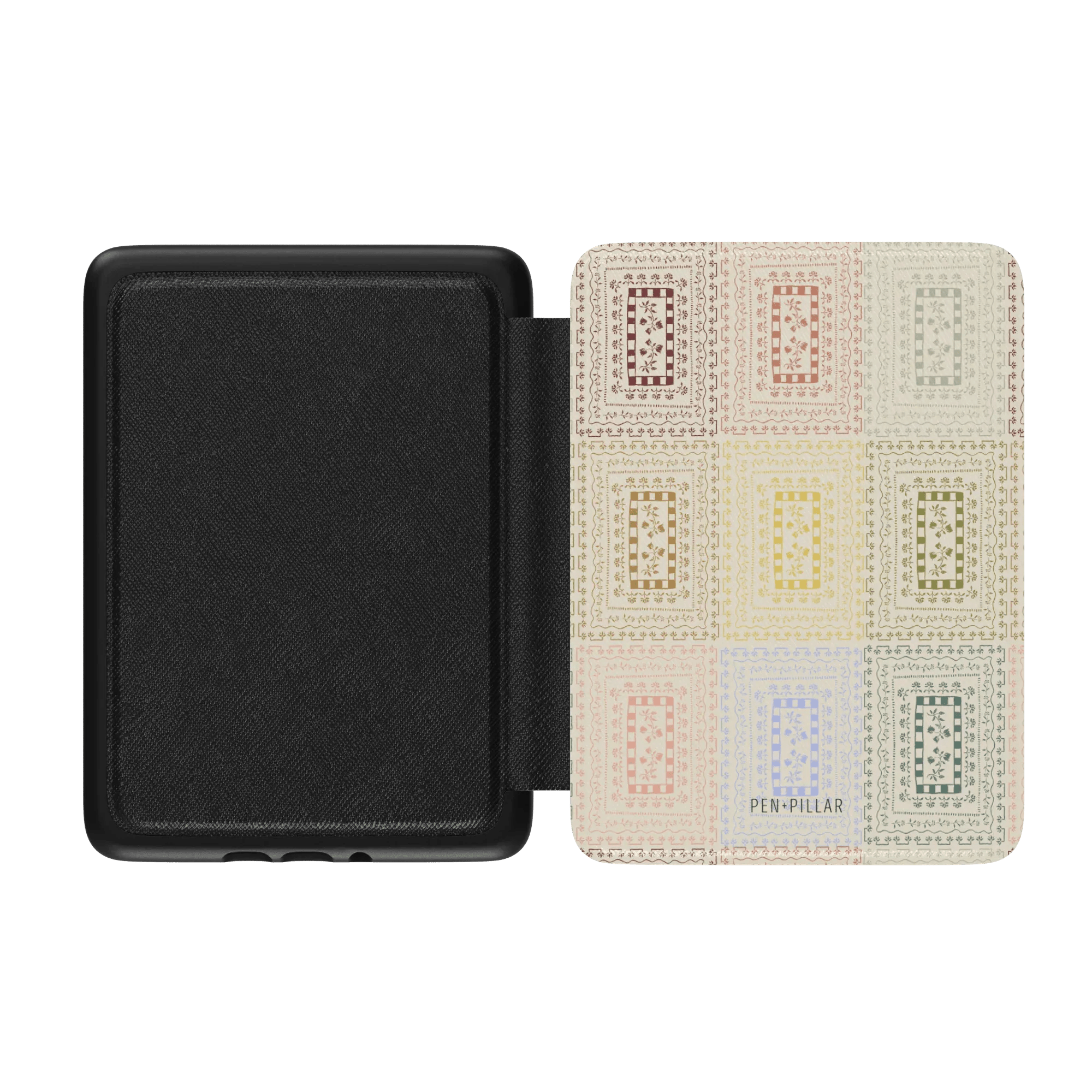Curio Kindle case with a black exterior and a patterned interior featuring colorful rectangles in various shades.