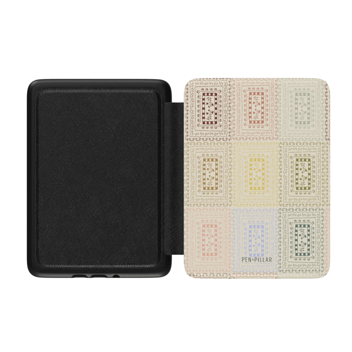 Curio Kindle case with a black exterior and a patterned interior featuring colorful rectangles in various shades.