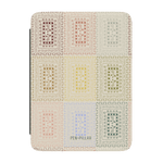 Curio Kindle case featuring a colorful geometric pattern in pastel shades on a light background.