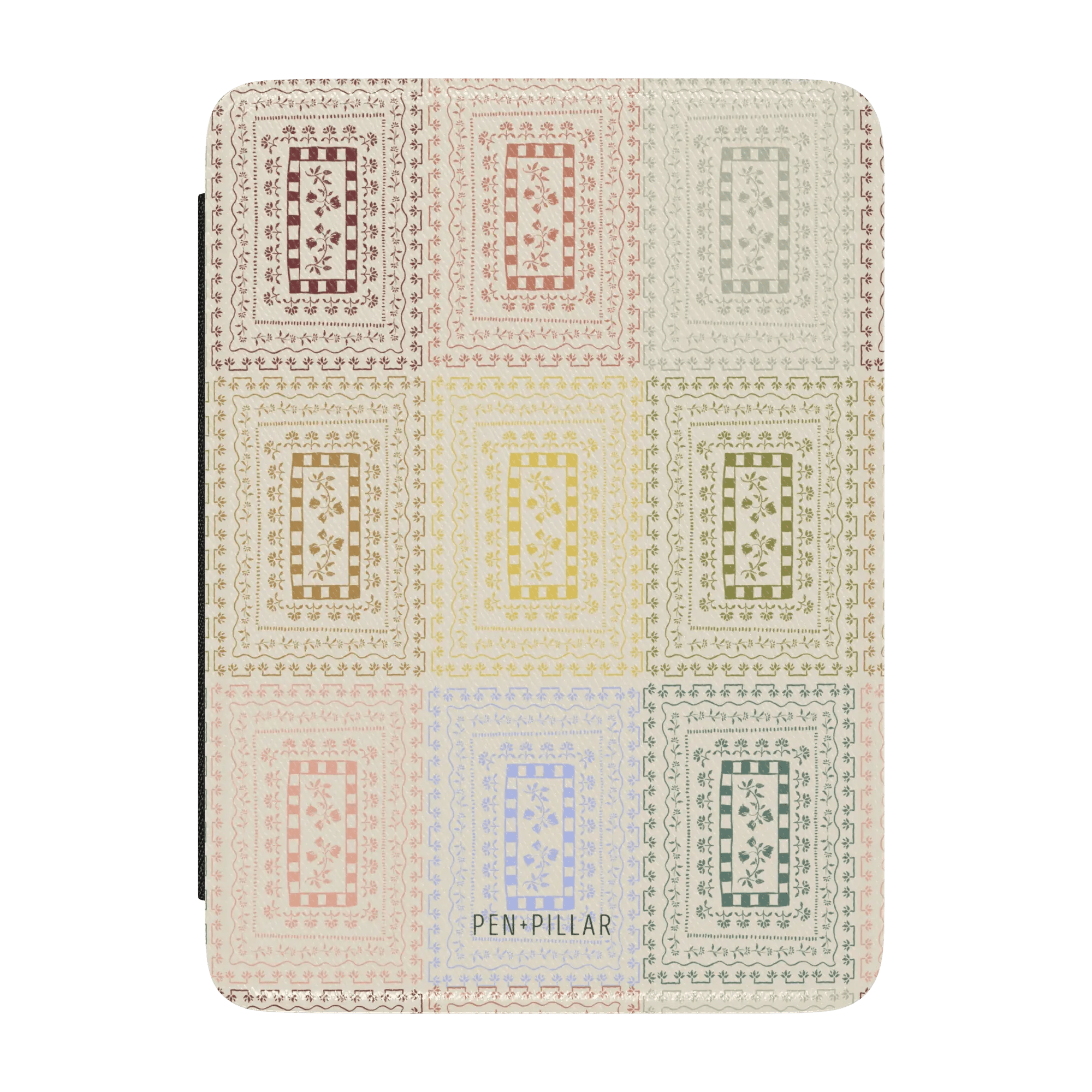 Curio Kindle case featuring a colorful geometric pattern in pastel shades on a light background.