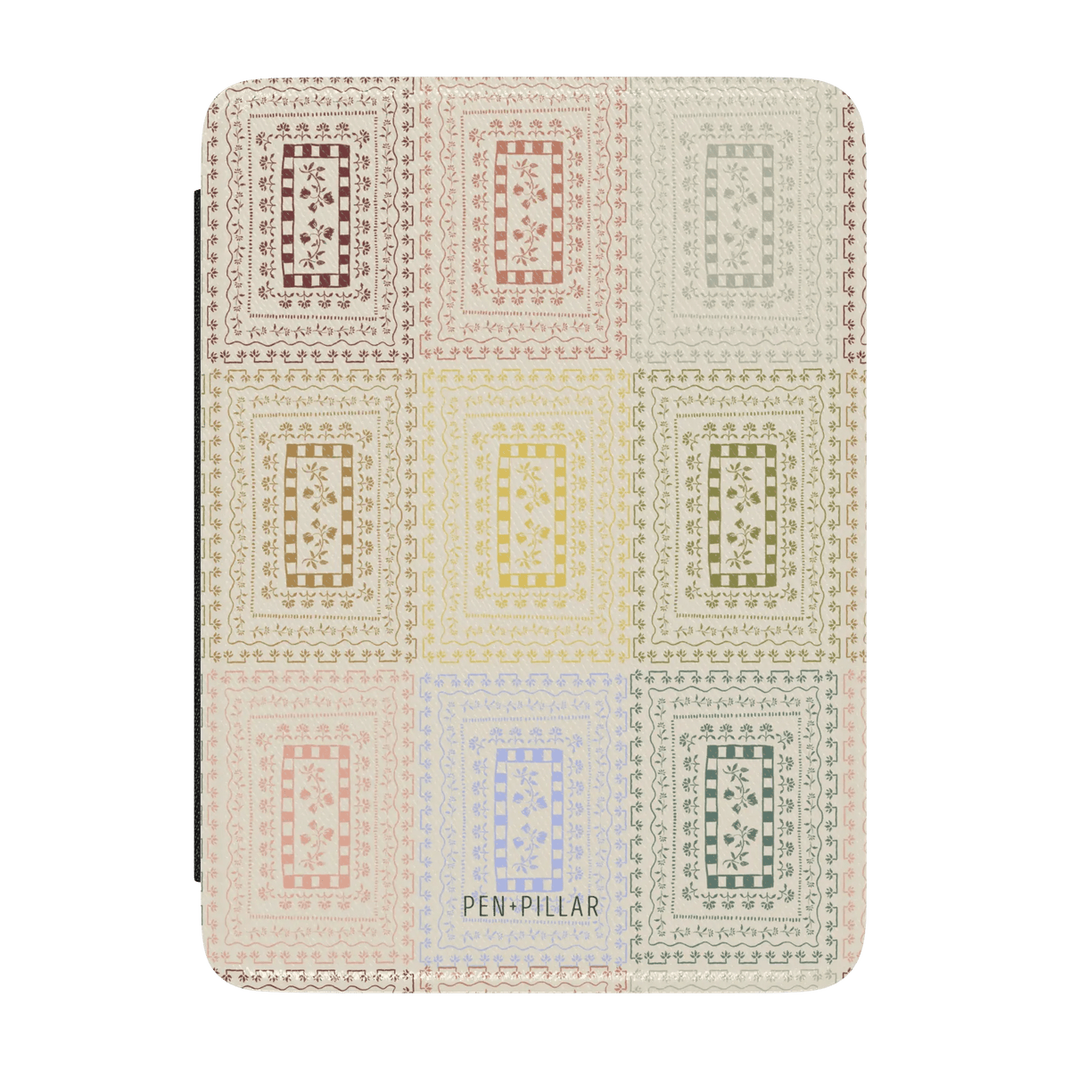 Curio Kindle case featuring a colorful geometric pattern in pastel shades on a light background.