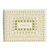 Curio thank you card featuring a cream background with green floral and border designs, centered "Thank You" text.