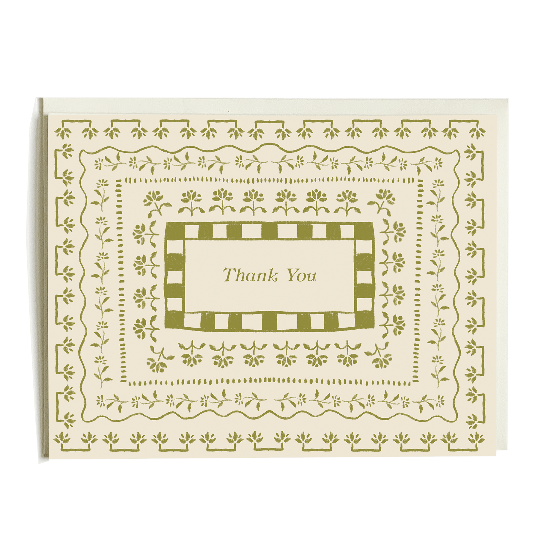 Curio thank you card featuring a cream background with green floral and border designs, centered "Thank You" text.