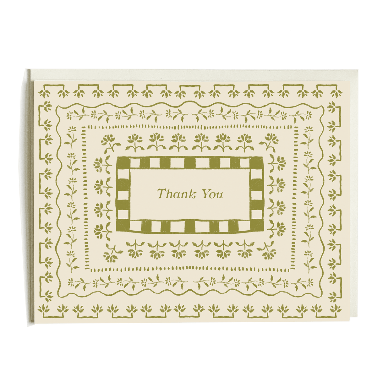 Curio thank you card featuring a cream background with green floral and border designs, centered "Thank You" text.