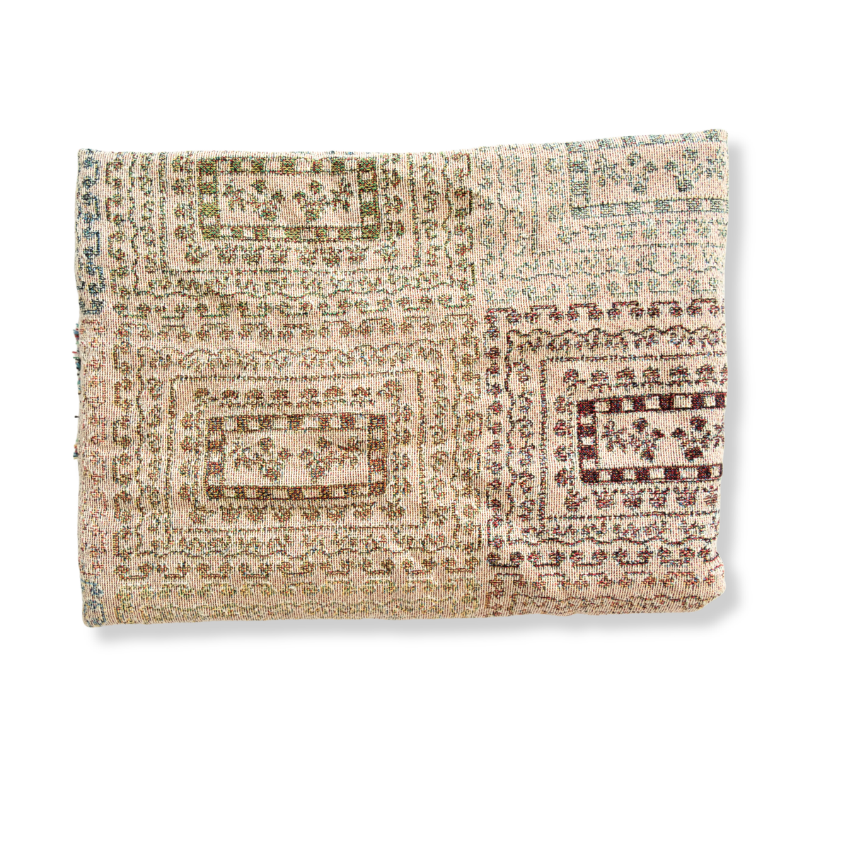 Curio woven blanket featuring a textured, multi-colored pattern in earthy tones, neatly folded.