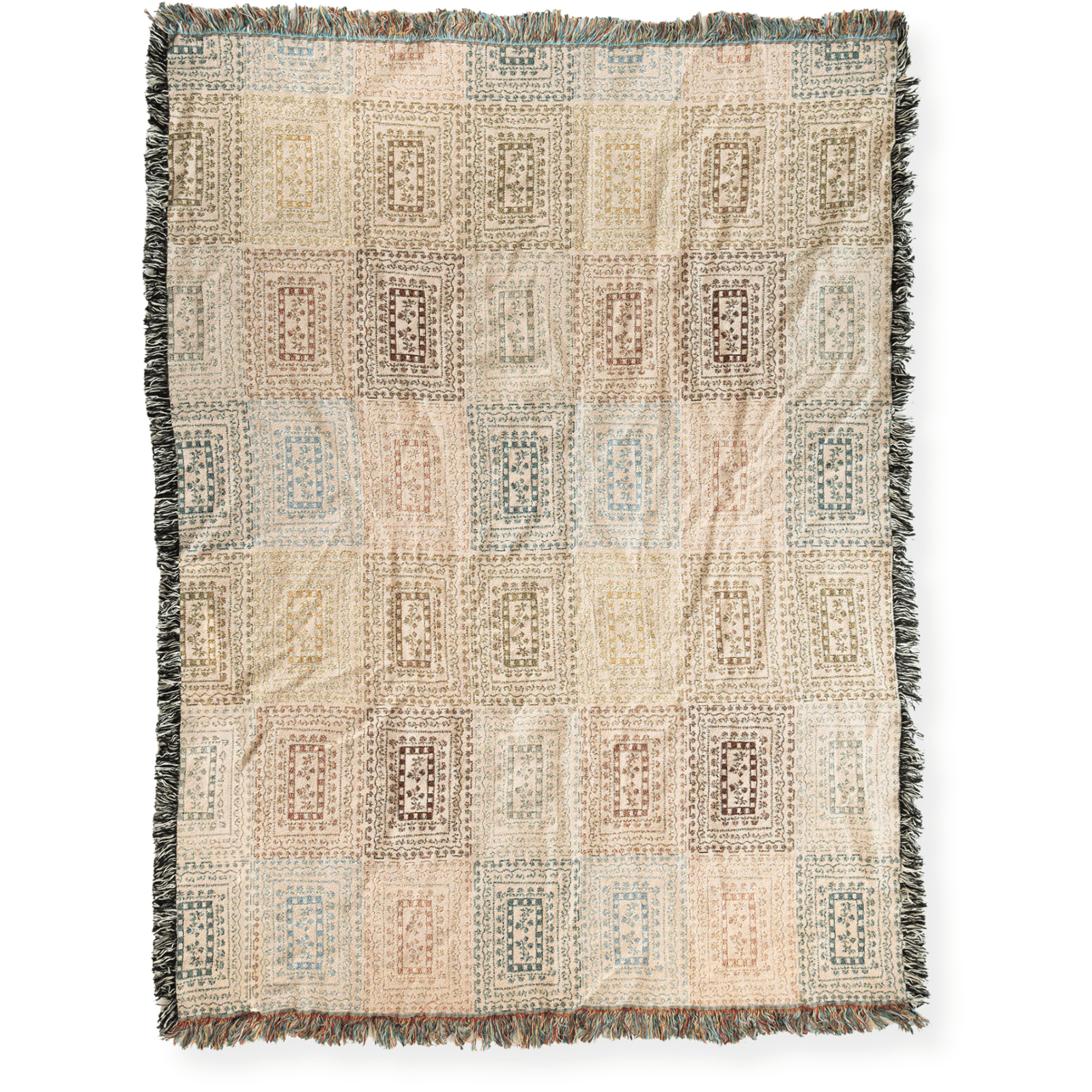 Curio woven blanket featuring a geometric pattern in soft pastel colors with fringed edges.