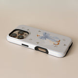 Dainty Duck personalized iPhone case with a blue striped background and a duck illustration wearing a bow.