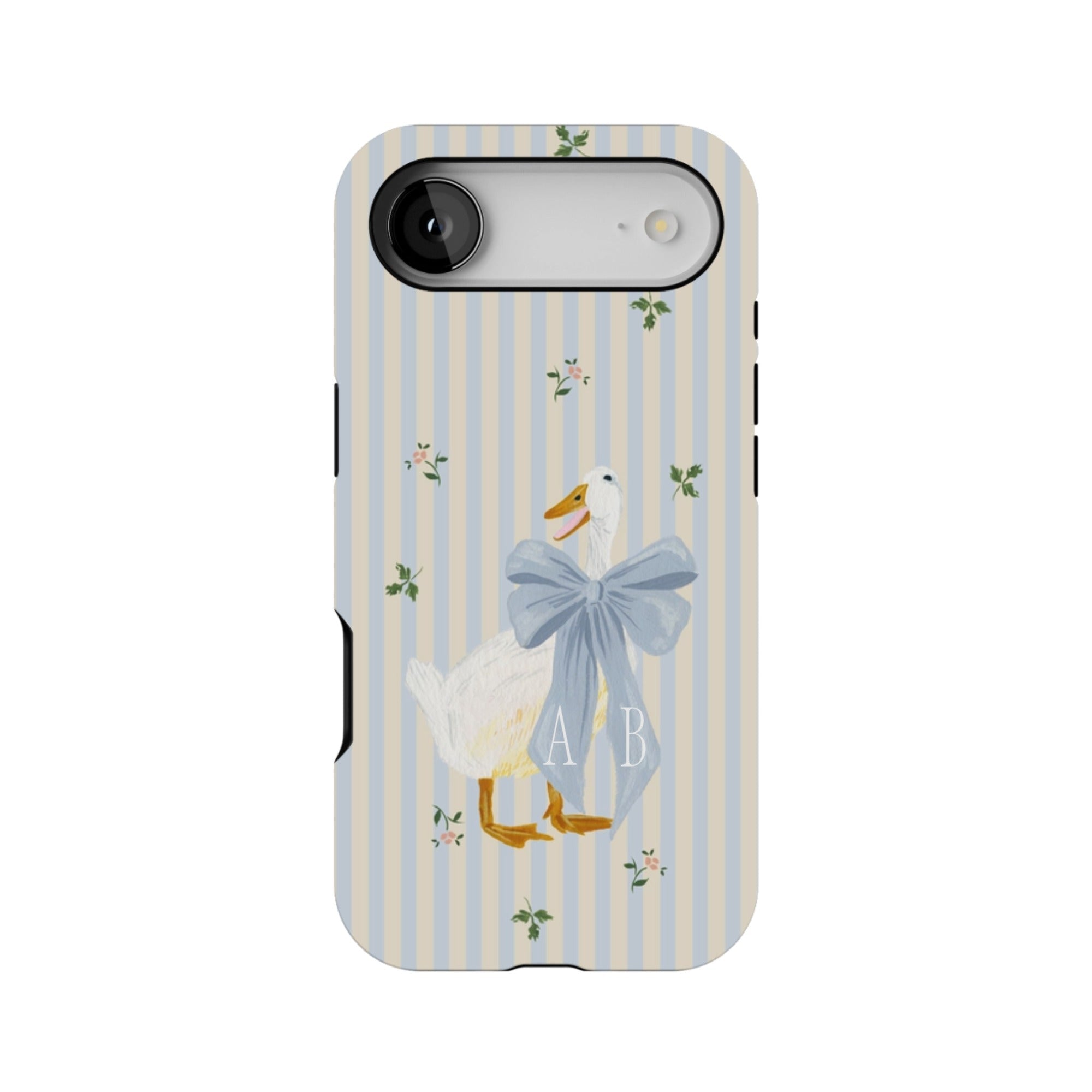 Dainty Duck personalized iPhone case with a white duck wearing a blue bow on a striped pastel background.