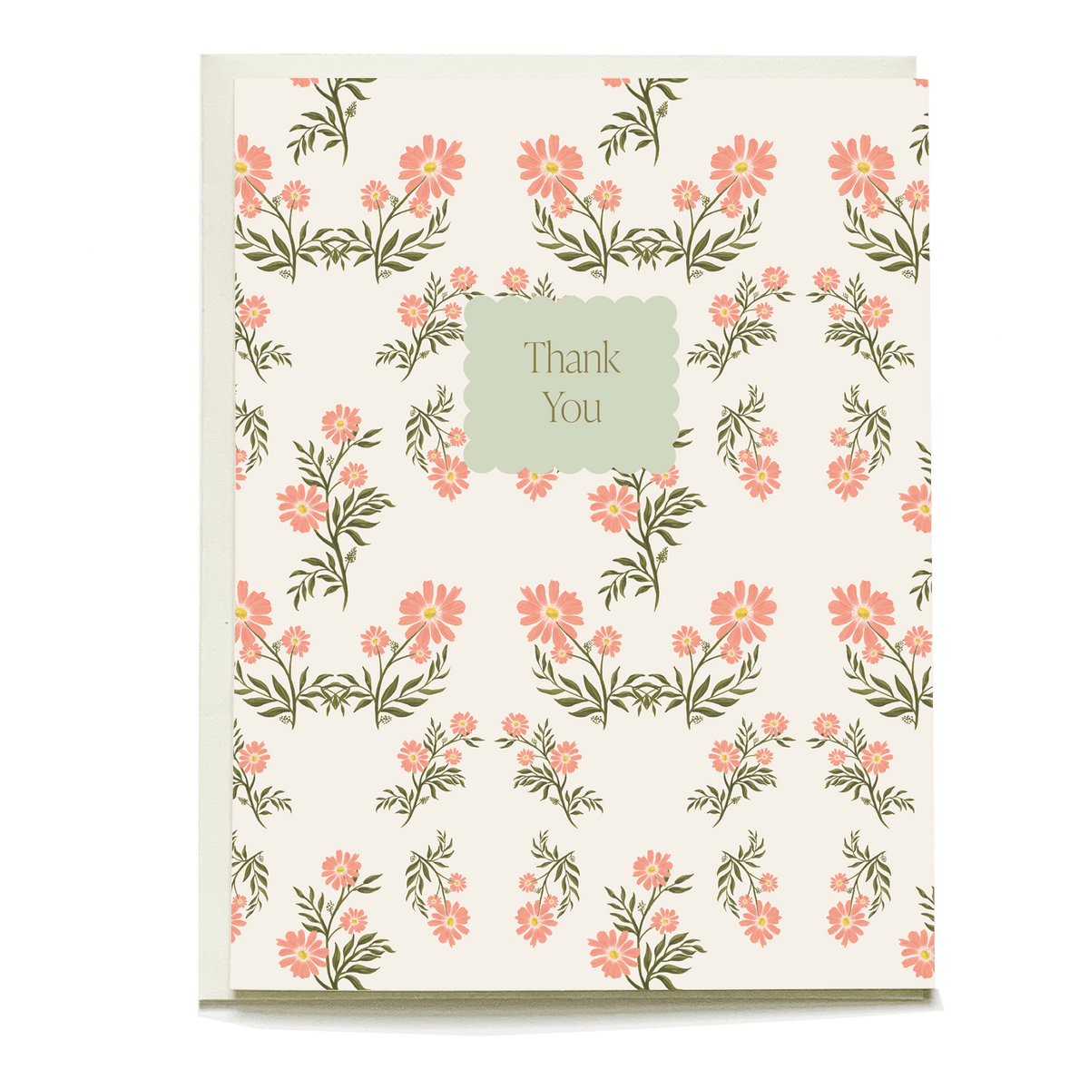 Daisy thank you card featuring pink flowers on a cream background with a green "Thank You" label in the center.