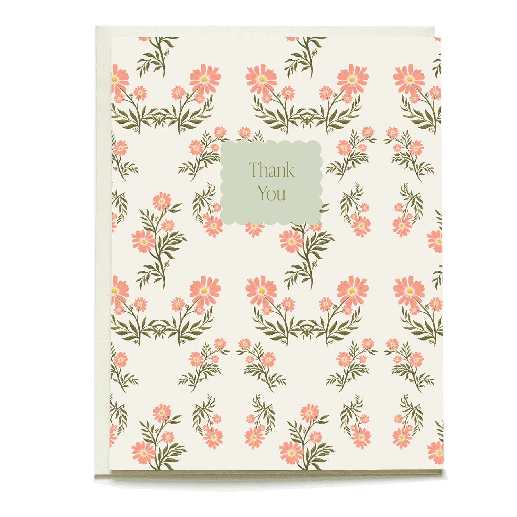Daisy thank you card featuring pink flowers on a cream background with a green "Thank You" label in the center.