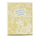 Damask Birds Mother's Day card with a yellow floral background and blue text saying "Happy Mother's Day.