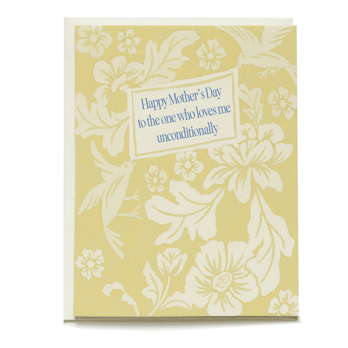 Damask Birds Mother's Day card with a yellow floral background and blue text saying "Happy Mother's Day.