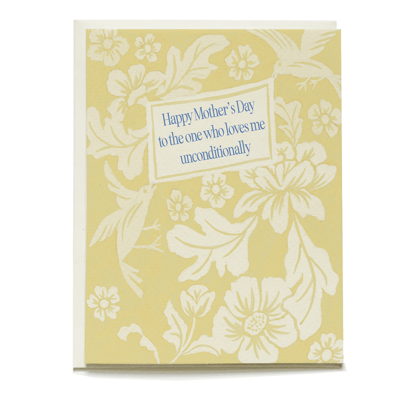 Damask Birds Mother's Day card with a yellow floral background and blue text saying "Happy Mother's Day.