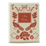 Damask Christmas card featuring red peacocks, floral designs, and "Merry Christmas" text on a cream background.