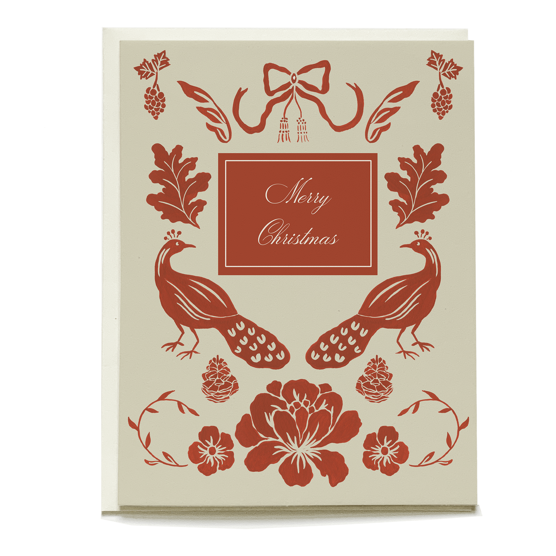 Damask Christmas card featuring red peacocks, floral designs, and "Merry Christmas" text on a cream background.