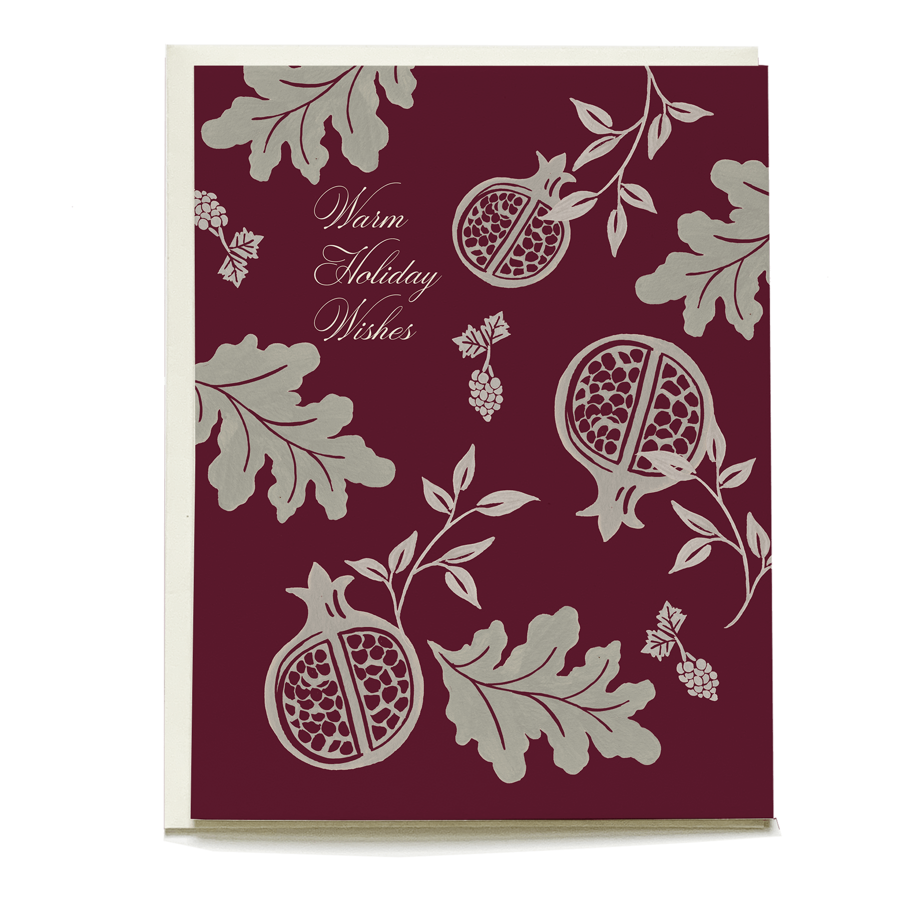 Damask holiday card featuring pomegranate and leaf designs on a burgundy background with "Warm Holiday Wishes" text.