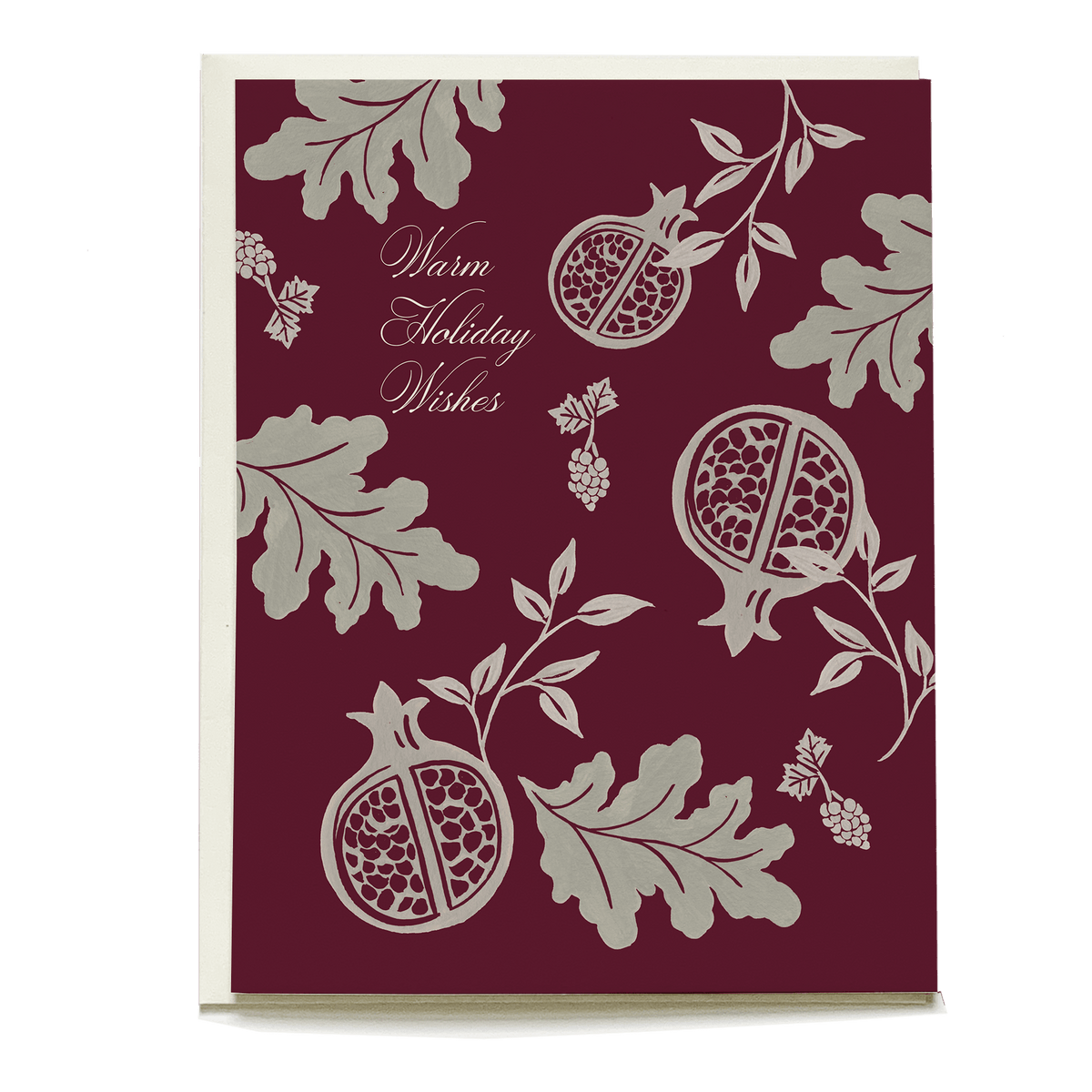 Damask holiday card featuring pomegranate and leaf designs on a burgundy background with "Warm Holiday Wishes" text.