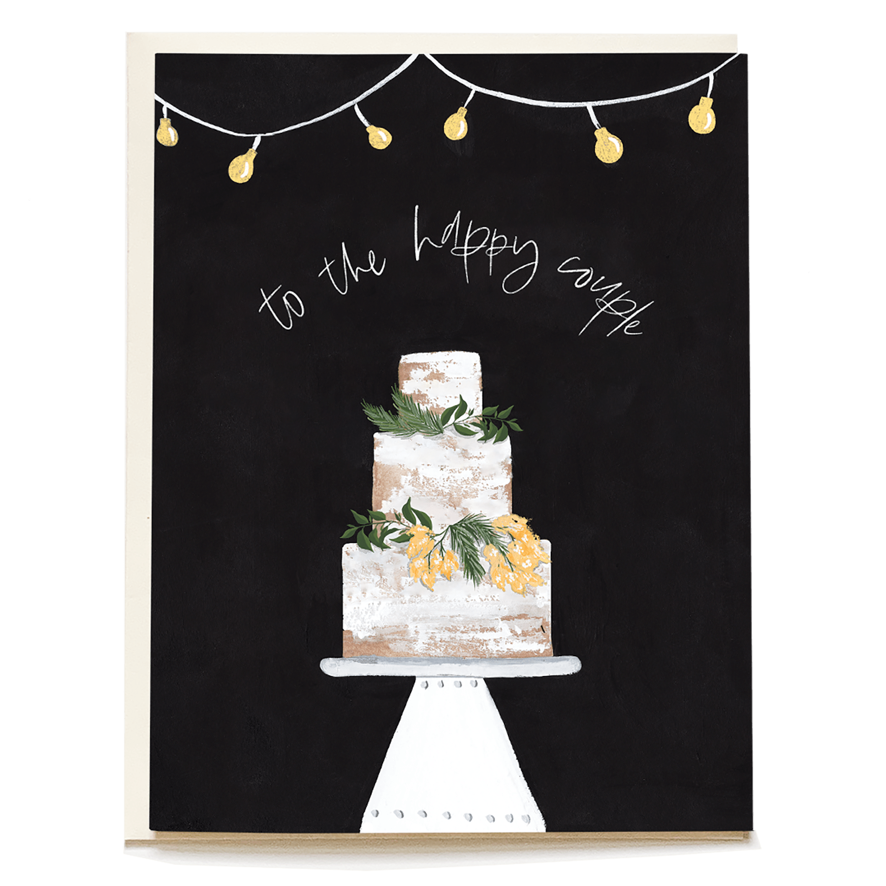 Decorative wedding card featuring a three-tier cake with floral accents and string lights, with the text "to the happy cou...