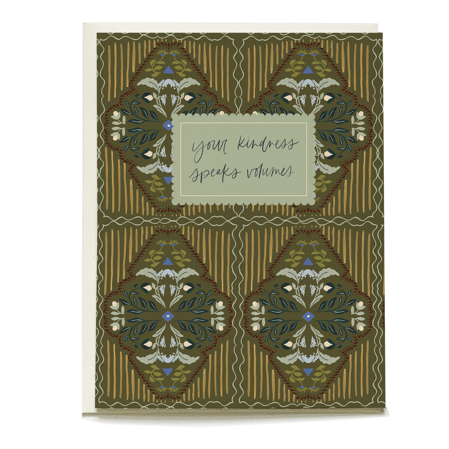 Diamond sprig thank you card featuring intricate floral designs in green, gold, and blue with the text "Your kindness spea...