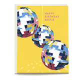 Disco Bestie birthday card featuring colorful disco balls on a yellow background with "Happy Birthday Bestie" text.