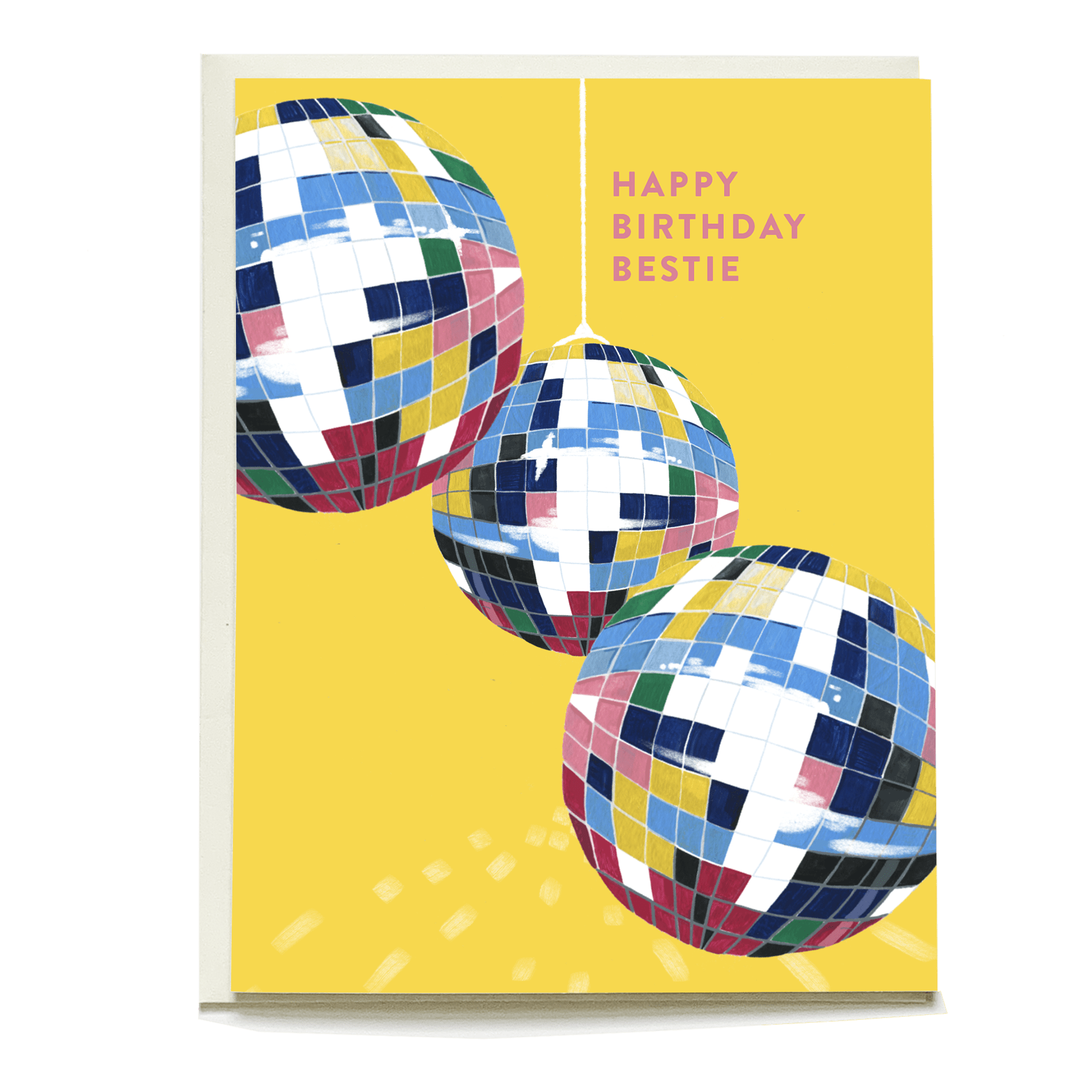 Disco Bestie birthday card featuring colorful disco balls on a yellow background with "Happy Birthday Bestie" text.